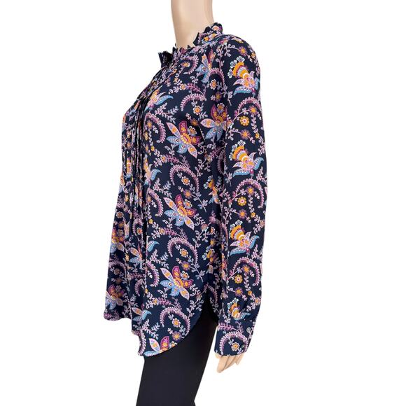 LOFT Women Multicolor Floral Ruffle Neck Pleated Long Sleeves Blouse Size S - Picture 3 of 6